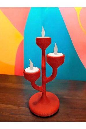 Alev Efektli Titreyen Led Mumlu Modern Şamdan 3'lü Mumluk Kırmızı