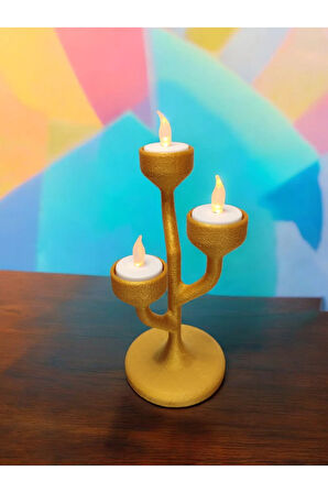 Alev Efektli Titreyen Led Mumlu Modern Şamdan 3'lü Mumluk Altın