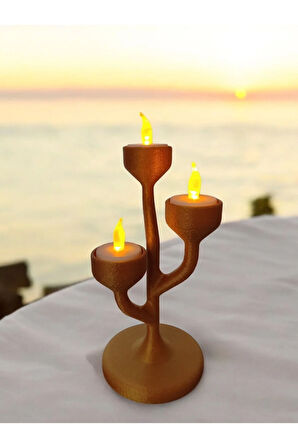 Alev Efektli Titreyen Led Mumlu Modern Şamdan 3'lü Mumluk Altın