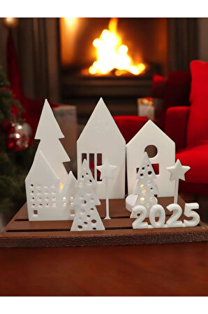 Alev Efektli Titreyen Led Mumlu Şehir Evleri 2025 Dekoratif Obje Beyaz