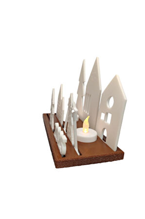 Alev Efektli Titreyen Led Mumlu Şehir Evleri 2025 Dekoratif Obje Beyaz