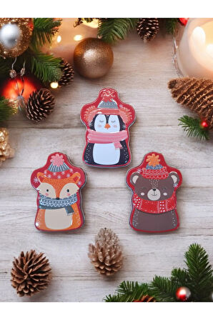 Yılbaşı Temalı Sevimli Hayvanlar Penguen Tilki Ayı 3'lü Set Renkli Baskılı Metal Saklama Kutusu