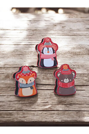 Yılbaşı Temalı Sevimli Hayvanlar Penguen Tilki Ayı 3'lü Set Renkli Baskılı Metal Saklama Kutusu