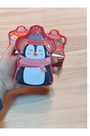 Yılbaşı Temalı Sevimli Hayvanlar Penguen Tilki Ayı 3'lü Set Renkli Baskılı Metal Saklama Kutusu