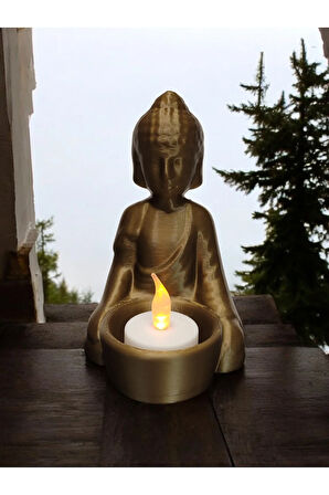 Alev Efektli Titreyen Led Mumlu Budha Modern Dekoratif Mumluk Şamdan Bronz