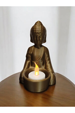 Alev Efektli Titreyen Led Mumlu Budha Modern Dekoratif Mumluk Şamdan Bronz