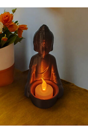 Alev Efektli Titreyen Led Mumlu Budha Modern Dekoratif Mumluk Şamdan Bronz