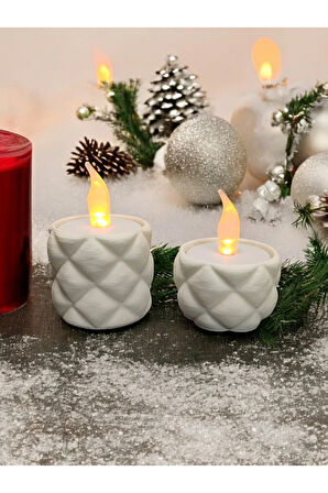 Kapitone Kumaş Desenli Alev Efektli Titreyen Led Mumlu Ve Mumluk Beyaz 2'li Set