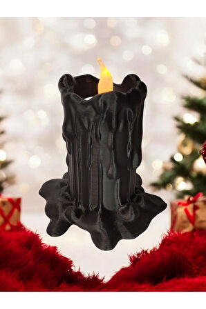 Led Mumlu Eriyen Alev Efektli Titreyen Led Mum Modern Dekoratif Şamdan Siyah 10 Cm