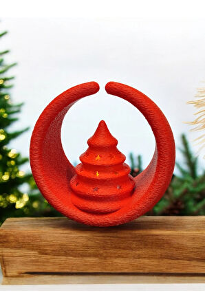 Yılbaşı Temalı Alev Efektli Titreyen Led Mumlu Mini Çam Ağacı Modern Dekoratif Şamdan Kırmızı 8 Cm