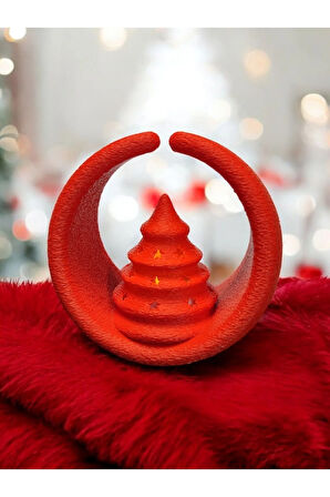 Yılbaşı Temalı Alev Efektli Titreyen Led Mumlu Mini Çam Ağacı Modern Dekoratif Şamdan Kırmızı 8 Cm