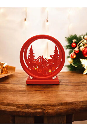 Led Mumlu Yılbaşı Köyü Süsü Noel Çam Ağacı Dekoratif Obje Kırmızı
