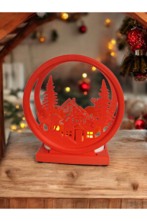 Led Mumlu Yılbaşı Köyü Süsü Noel Çam Ağacı Dekoratif Obje Kırmızı