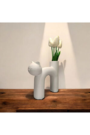 Sevimli Kedi Vazo Özel Tasarım Dekoratif Vazo Biyoplastik Beyaz