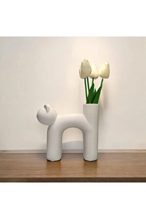 Sevimli Kedi Vazo Özel Tasarım Dekoratif Vazo Biyoplastik Beyaz