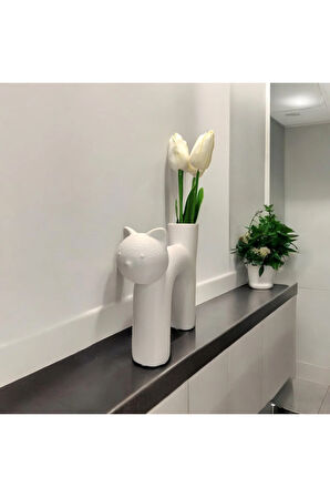 Sevimli Kedi Vazo Özel Tasarım Dekoratif Vazo Biyoplastik Beyaz