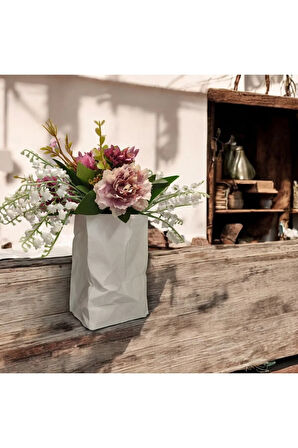 Buruşmuş Kese Kağıdı Çanta Şeklinde Dekoratif Vazo Biyoplastik Beyaz