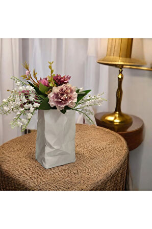 Buruşmuş Kese Kağıdı Çanta Şeklinde Dekoratif Vazo Biyoplastik Beyaz