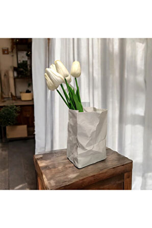 Buruşmuş Kese Kağıdı Çanta Şeklinde Dekoratif Vazo Biyoplastik Beyaz