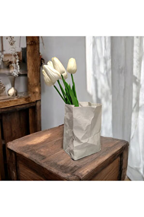 Buruşmuş Kese Kağıdı Çanta Şeklinde Dekoratif Vazo Biyoplastik Beyaz