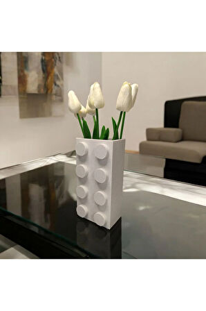 Renkli Blok Brick Özel Tasarım Modern Dekoratif Vazo Granit Beyaz (ÇİÇEK DAHİL DEĞİLDİR)