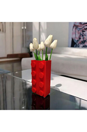 Renkli Blok Brick Özel Tasarım Modern Dekoratif Vazo Kırmızı (ÇİÇEK DAHİL DEĞİLDİR)