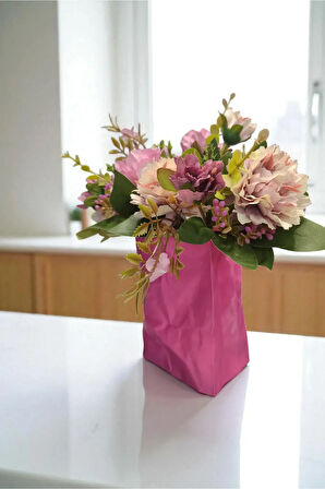 Buruşmuş Kese Kağıdı Çanta Şeklinde Dekoratif Vazo Biyoplastik Pembe