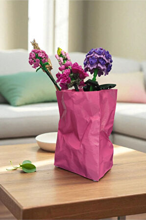 Buruşmuş Kese Kağıdı Çanta Şeklinde Dekoratif Vazo Biyoplastik Pembe