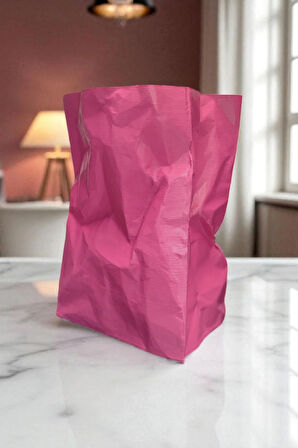 Buruşmuş Kese Kağıdı Çanta Şeklinde Dekoratif Vazo Biyoplastik Pembe