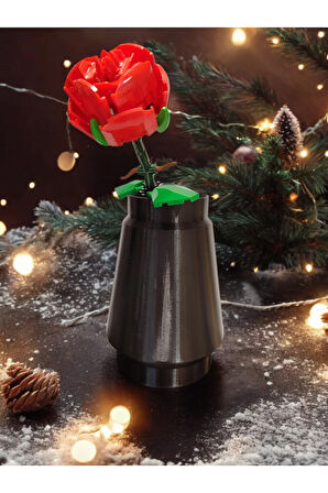 Dev Blok Görünümlü Siyah Vazo Biyoplastik Ve Blok Kırmızı Gül Yapım Seti