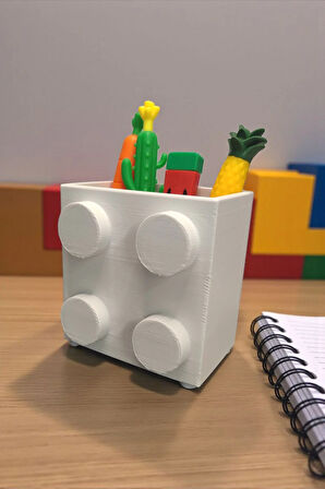 Dev Blok Tasarımlı Kalemlik Masaüstü Organizasyon Dekoratif Ofis Aksesuarı Beyaz