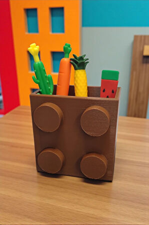 Dev Blok Tasarımlı Kalemlik Masaüstü Organizasyon Dekoratif Ofis Aksesuarı Kahverengi