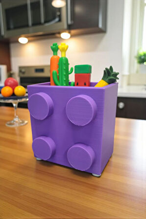 Dev Blok Tasarımlı Kalemlik Masaüstü Organizasyon Dekoratif Ofis Aksesuarı Mor