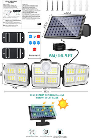 Technojet  Güneş Enerjili Kumandalı Hareket Sensörlü Solar Bahçe Aydınlatma ve Sokak Lambası 122 Led