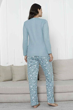 Kadın Çiçek Desen 3 Düğmeli Raporlu Kışlık Viskon Uzun Kol Pijama Takımı