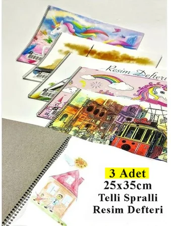 Resim Defteri 15 Yaprak 25x35 cm Orta Boy Telli Resim Defteri Karton Kapak - 3 Adet
