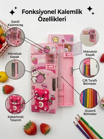 Fonksiyonlu Kalem Kutusu Ayıcık Çilek Kabartmalı Kalemtraşlı Kalemlik - Çilek