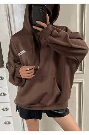 Kadın Kahverengi Inmodern Baskılı Oversize Kapüşonlu Sweatshirt Hoodie