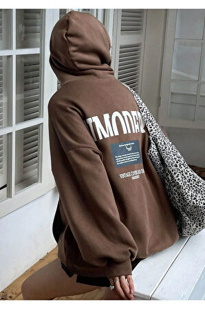 Kadın Kahverengi Inmodern Baskılı Oversize Kapüşonlu Sweatshirt Hoodie