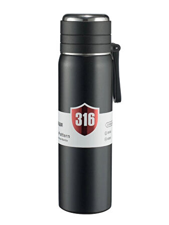 Paslanmaz Çelik Matara Termos Su Şişesi 500 ML Vakumlu Kapak - Siyah