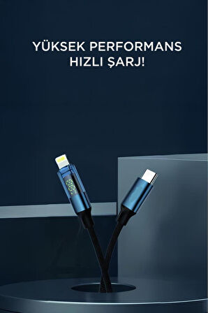 U22 Type-C to Lightning 27W Hızlı Şarj Kablosu LED Ekranlı Dayanıklı Örgü Kablo