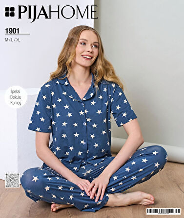 Pijahome Kadın Viskon İpeksi Dokulu Kısa Kollu Pijama Takımı