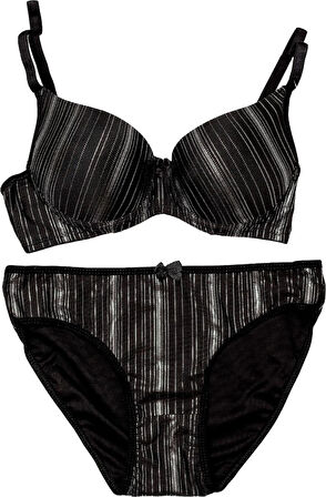 Kadın Sütyen Takımı Siyah Yaldızlı Çizgili Yarım Destekli