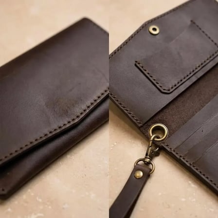 %100 Hakiki Deri El Dikimi Acı Kahve Kadın El Portföyü Bileklikli Cüzdan Ve Çanta 20x10 cm