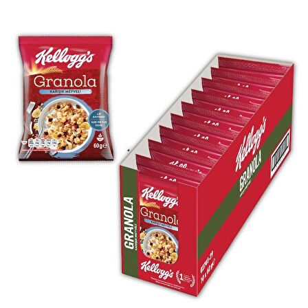 Kellogg's Karışık Meyveli Granola 60 Gr x10 Adet,%45 Yulaf içerir,Lif Kaynağı,%20 Kurutulmuş Meyve