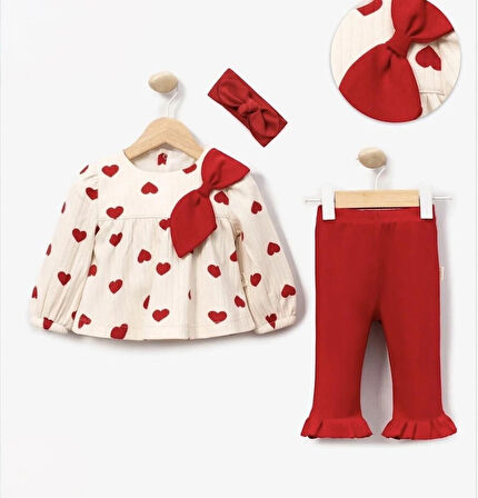Kız bebek büyük kalp desenli 3’lü takım 