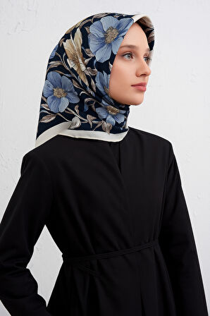 Armine Sura Saf İpek Eşarp 9403 - 83 Lacivert Karışık Desen