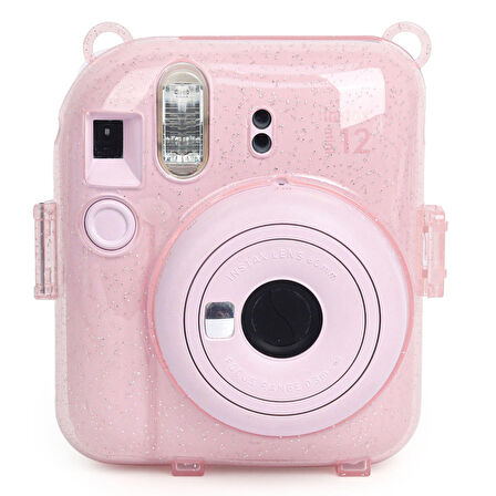 Instax Mini 12 Makine Uyumlu Pembe Simli Pleksi Kılıf