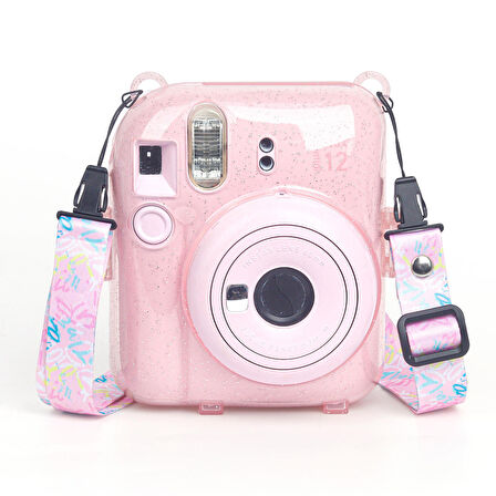 Instax Mini 12 Makine Uyumlu Pembe Simli Pleksi Kılıf