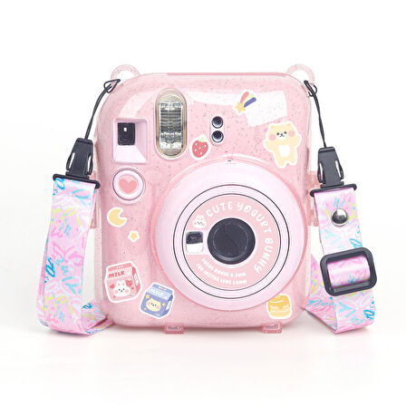 Instax Mini 12 Makine Uyumlu Pembe Simli Pleksi Kılıf